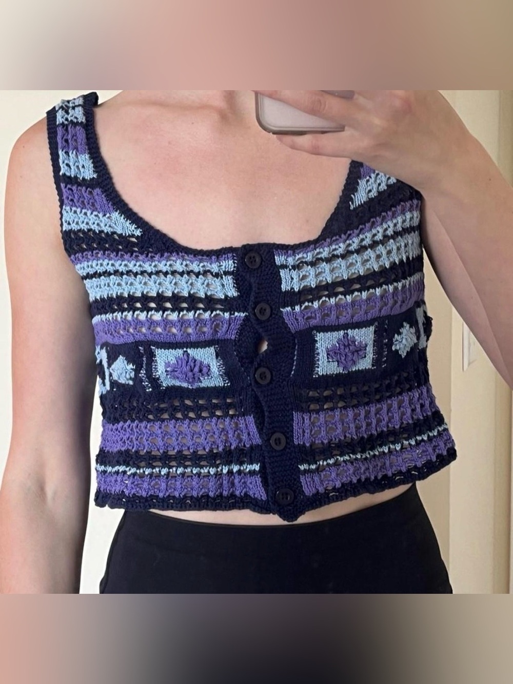 Crochet Sweater Button-Front Crop Tank Top